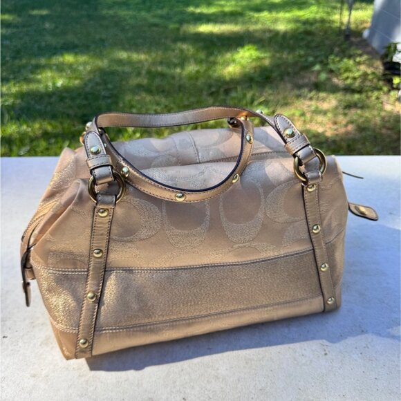 Coach Handbags - Coach Gold Metallic Signature Jacquard Satchel Bag With Double Handles